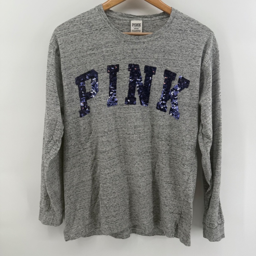 Victoria's Secret PINK Gray Sequin Logo Long Sleeve Tee Shirt Womens Medium